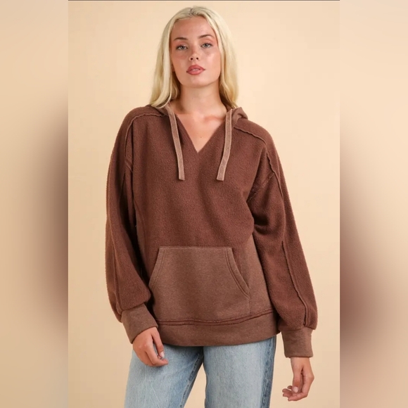 Very J Tops - Mineral Washed Oversized Casual Hoodie Knit Top